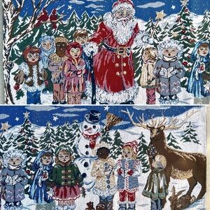 Christmas Caroling Kids with Santa Snowman and Reindeer Tapestry Table Runner